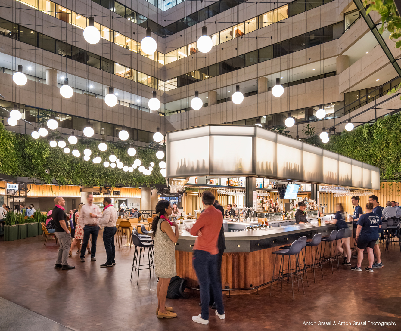 The Square Food Hall and Market Atrium Bar at Night